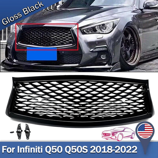 Gloss Black Front Bumper Grille For Infiniti Q50 Q50S 2018 -2024 Replacement  Protector Accessory